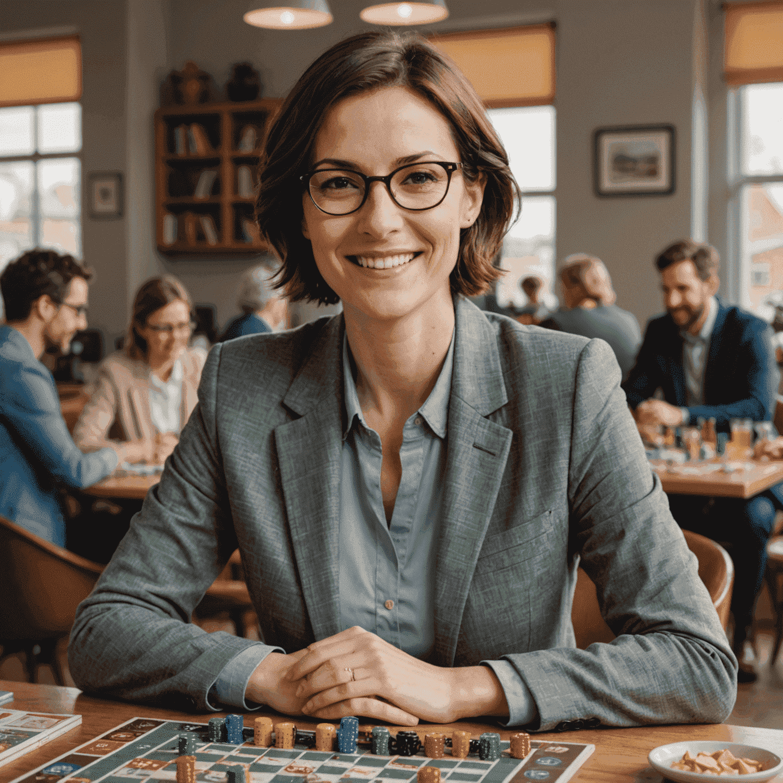 Portrait of Anna Schmidt, a woman in her early 30s with short brown hair and glasses, smiling warmly at the camera. She's wearing a casual grey blazer and is seated at a table with various board games spread out in front of her.