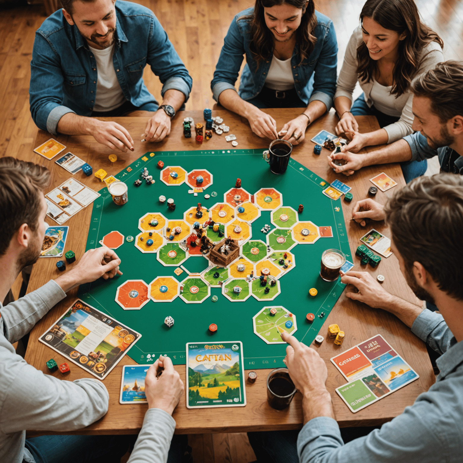 A group of adults playing various board games on a table, with drinks and snacks nearby. The image showcases popular adult board games like Catan, Ticket to Ride, and Cards Against Humanity.
