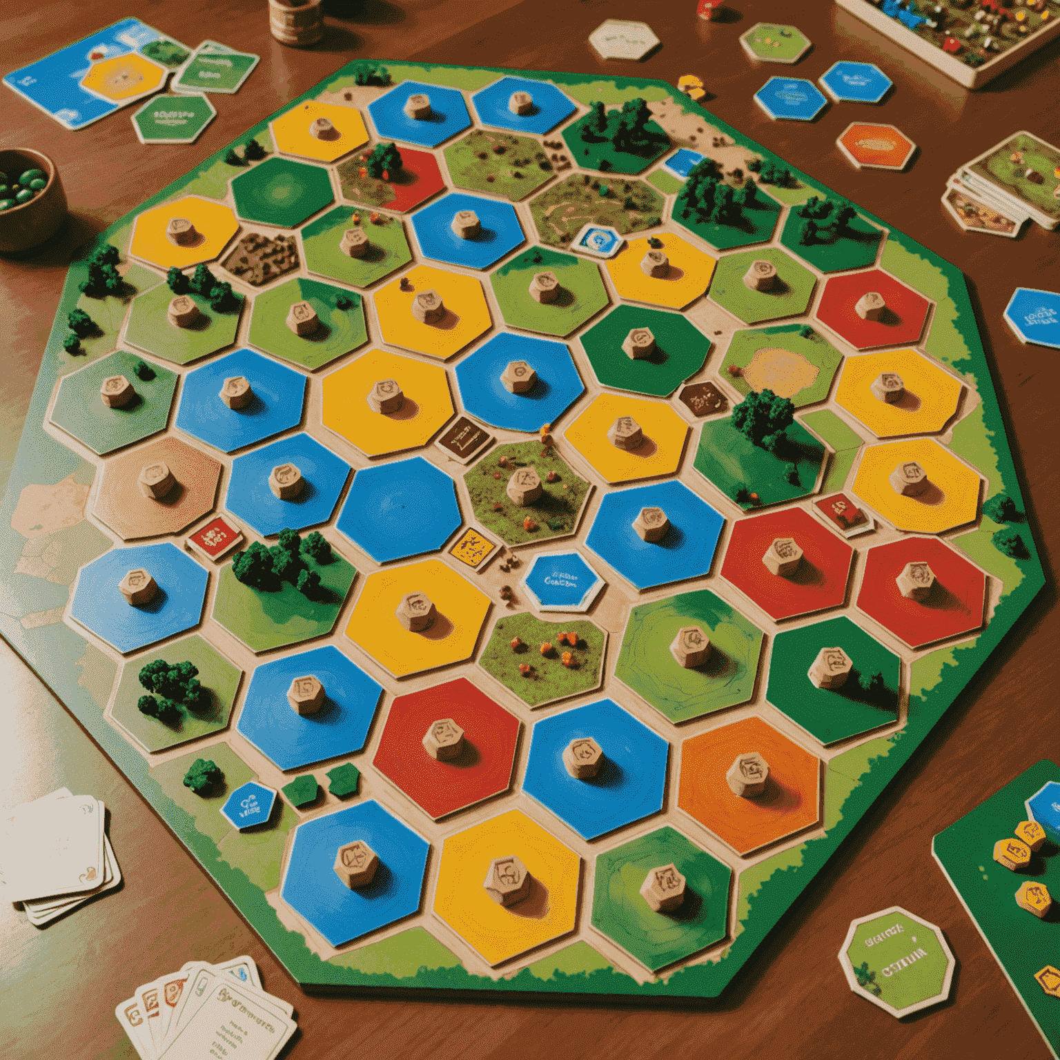 Catan board game setup with hexagonal tiles representing different terrains and resources, surrounded by player pieces and cards