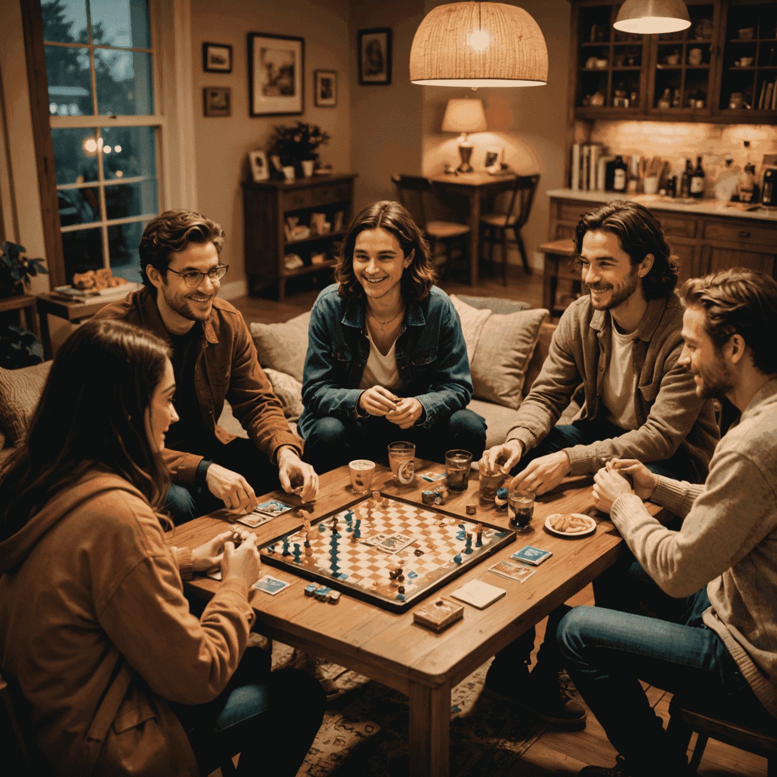 A group of friends gathered around a table with board games, snacks, and drinks. The room is warmly lit with a cozy atmosphere.