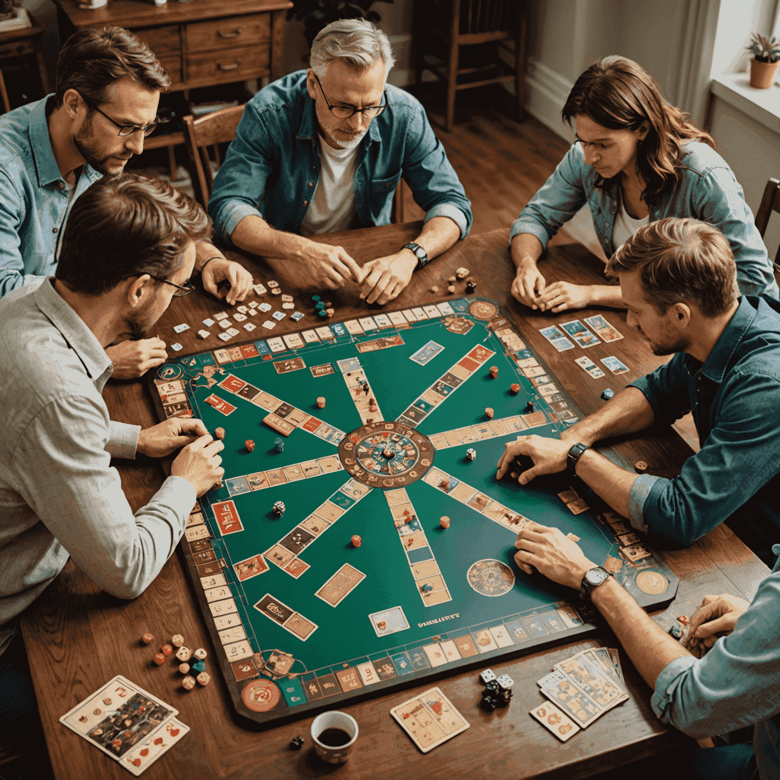 A group of adults playing a complex strategy board game, with a large game board filled with intricate pieces and cards spread across a table. Players are visibly engaged, leaning forward with expressions of deep concentration.