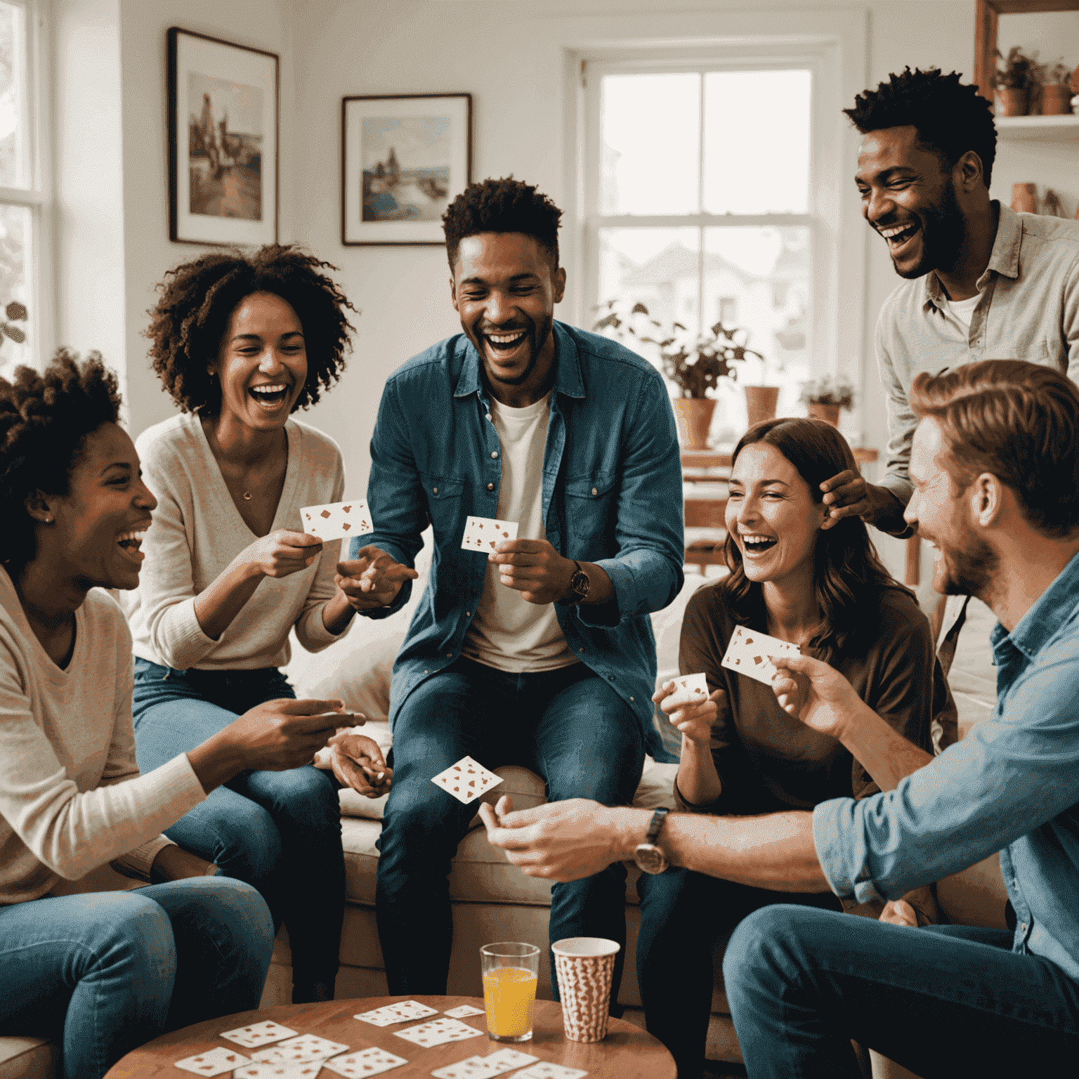 A group of adults laughing while playing a party game in a living room. The image shows people holding cards and gesturing animatedly, clearly enjoying themselves.