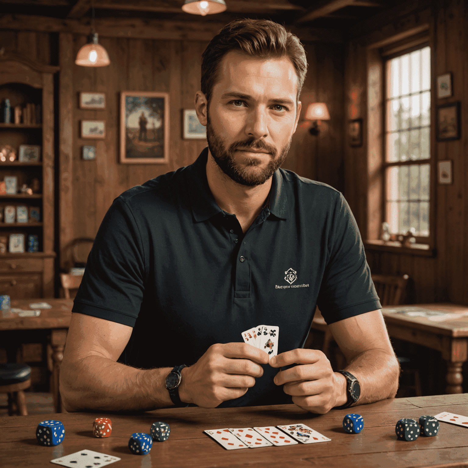 Portrait of Markus Weber, a man in his late 30s with a neatly trimmed beard and friendly eyes. He's wearing a black polo shirt and is demonstrating a game mechanic with cards and dice on a wooden table.