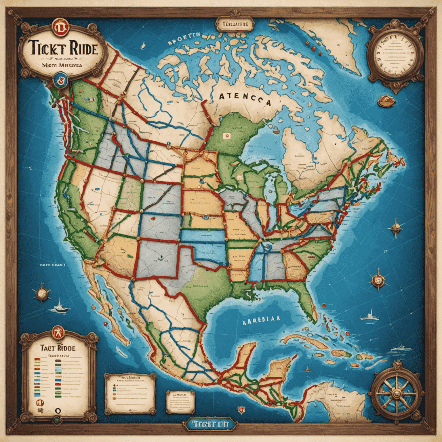 Ticket to Ride game board featuring a map of North America with colorful train routes and player pieces
