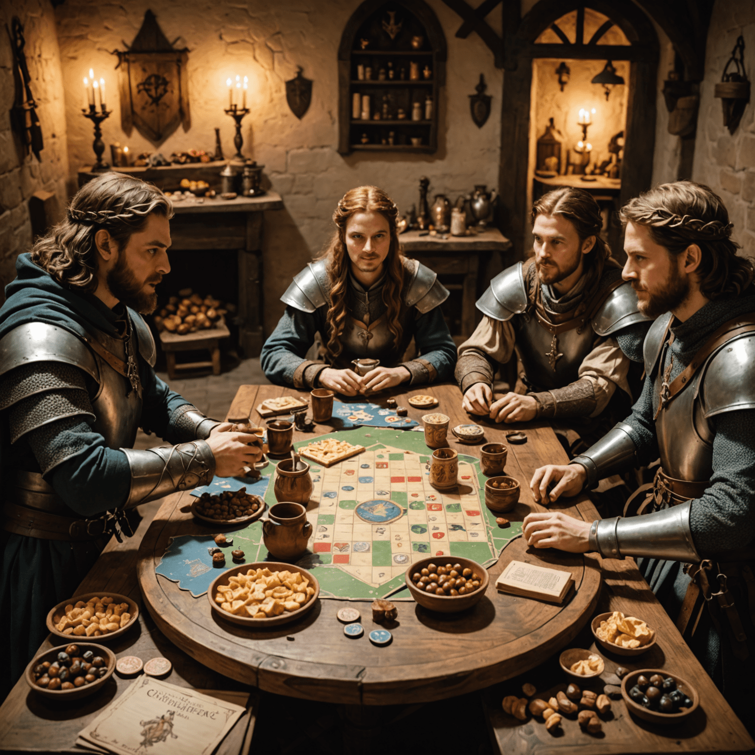 A themed game night setup with medieval decorations, themed snacks, and players in costume around a table with a fantasy board game.