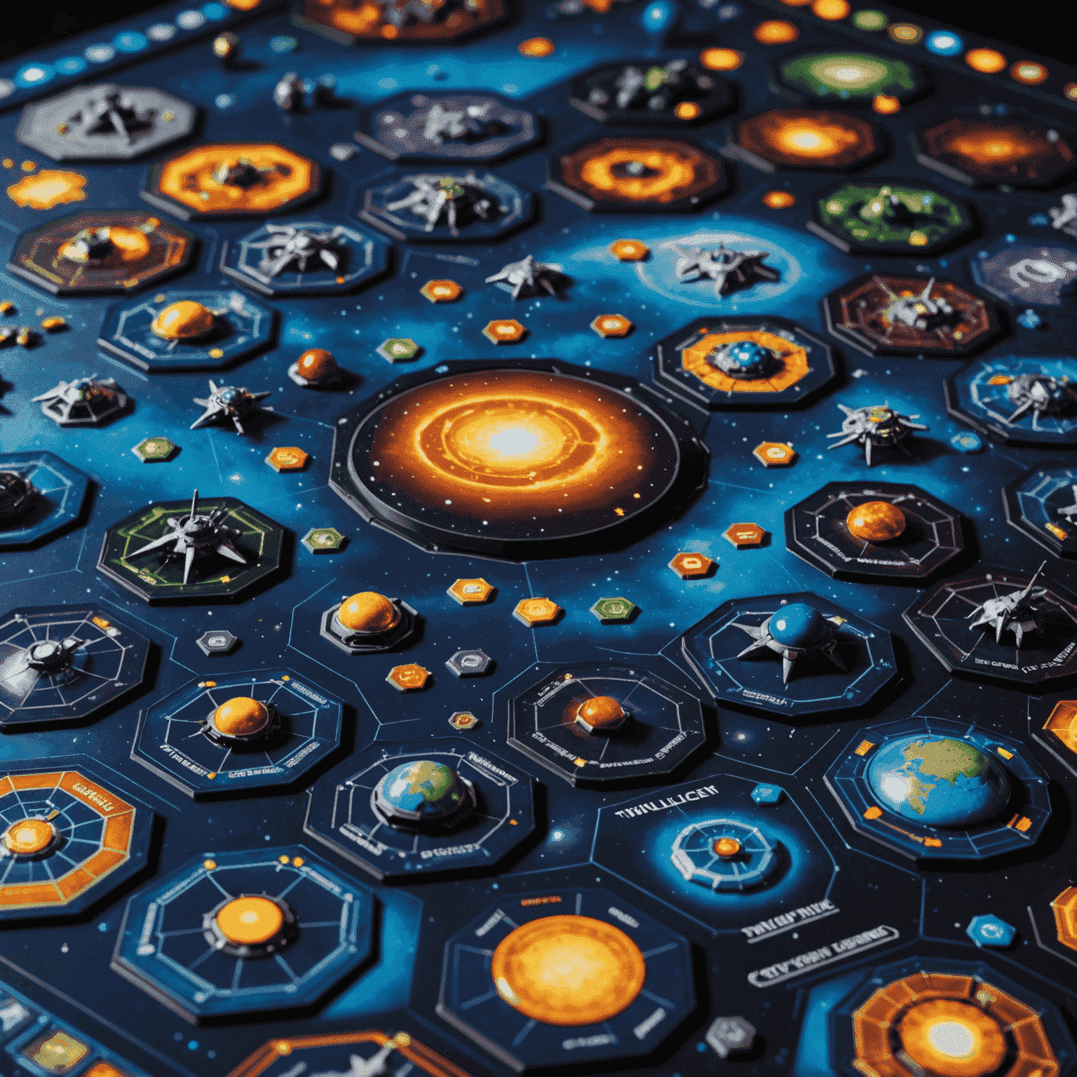 A close-up of the Twilight Imperium game board, showcasing its intricate design with various planets, spaceships, and resource tokens. The image captures the game's complexity and sci-fi theme.