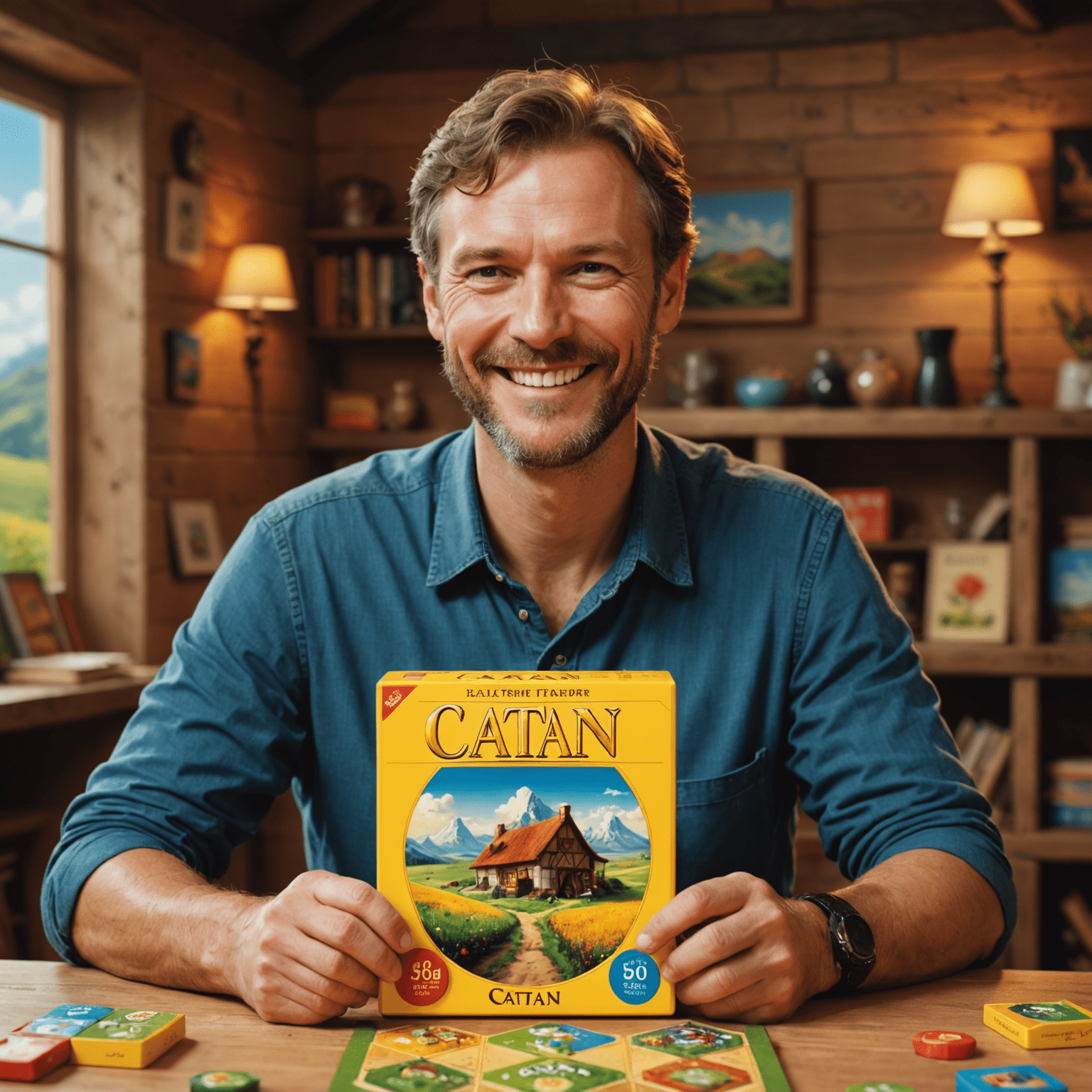 Klaus Teuber smiling while holding a Catan game box