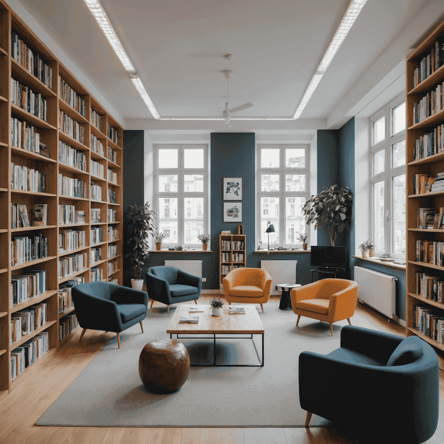 Interior of swapligameg office in Munich, Germany. A spacious, well-lit room with modern furnishings. One wall is lined with floor-to-ceiling bookshelves filled with board games. In the center, there's a large wooden table surrounded by comfortable chairs, perfect for game testing and small gatherings. The space has a warm and inviting atmosphere with plants and game-themed artwork adorning the walls.