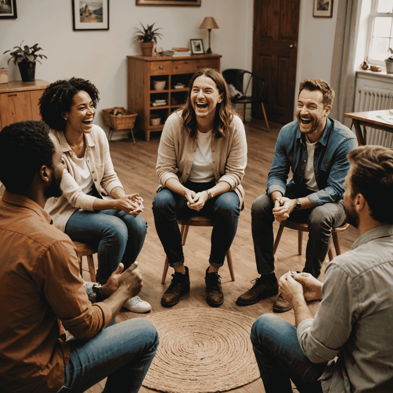A group of adults sitting in a circle, laughing as one person gesticulates wildly while telling part of an improvised story.
