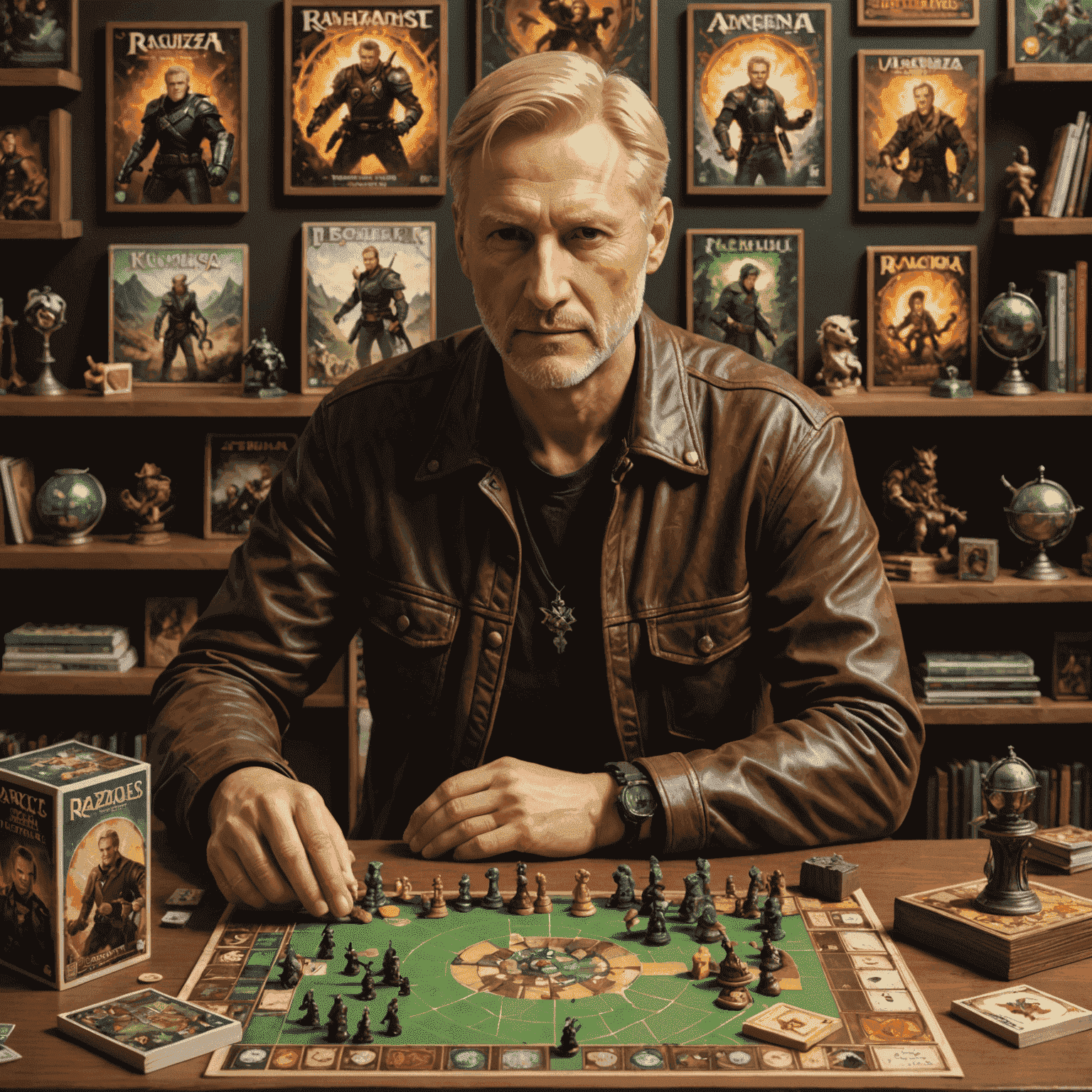 Reiner Knizia surrounded by some of his most famous game designs