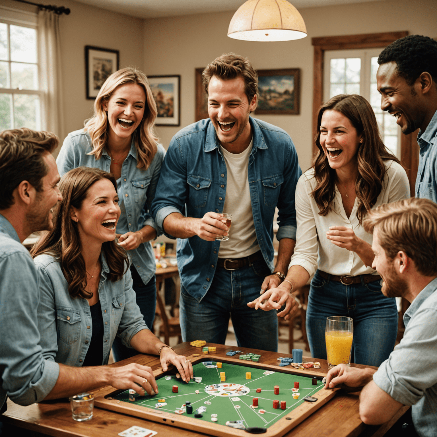 A lively scene of adults laughing and playing party games. The image shows people engaged in games like Pictionary, Charades, and Trivial Pursuit, capturing the fun and energetic atmosphere of party games.