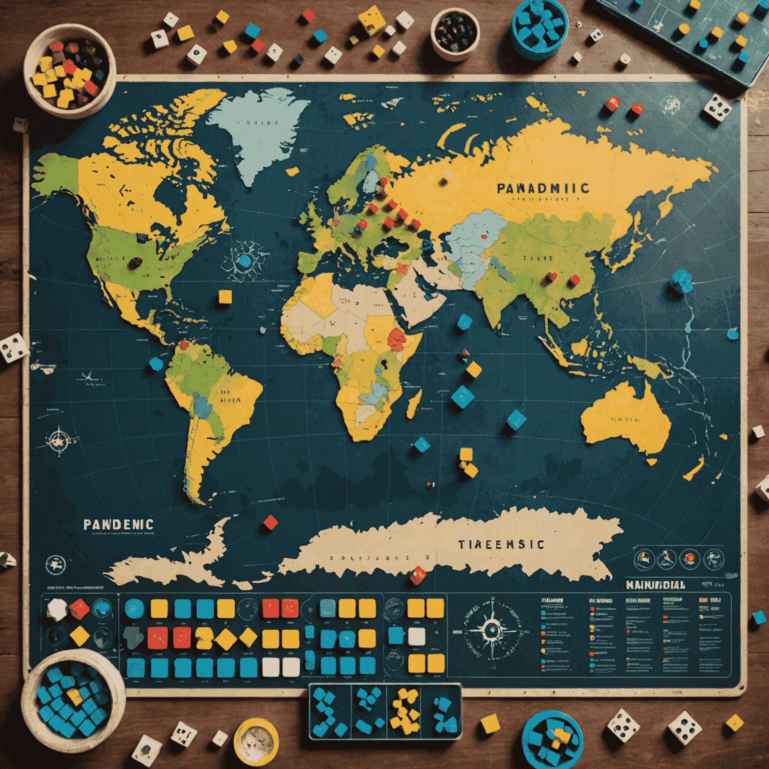 Pandemic game board showing a world map with disease cubes and player pawns strategically placed