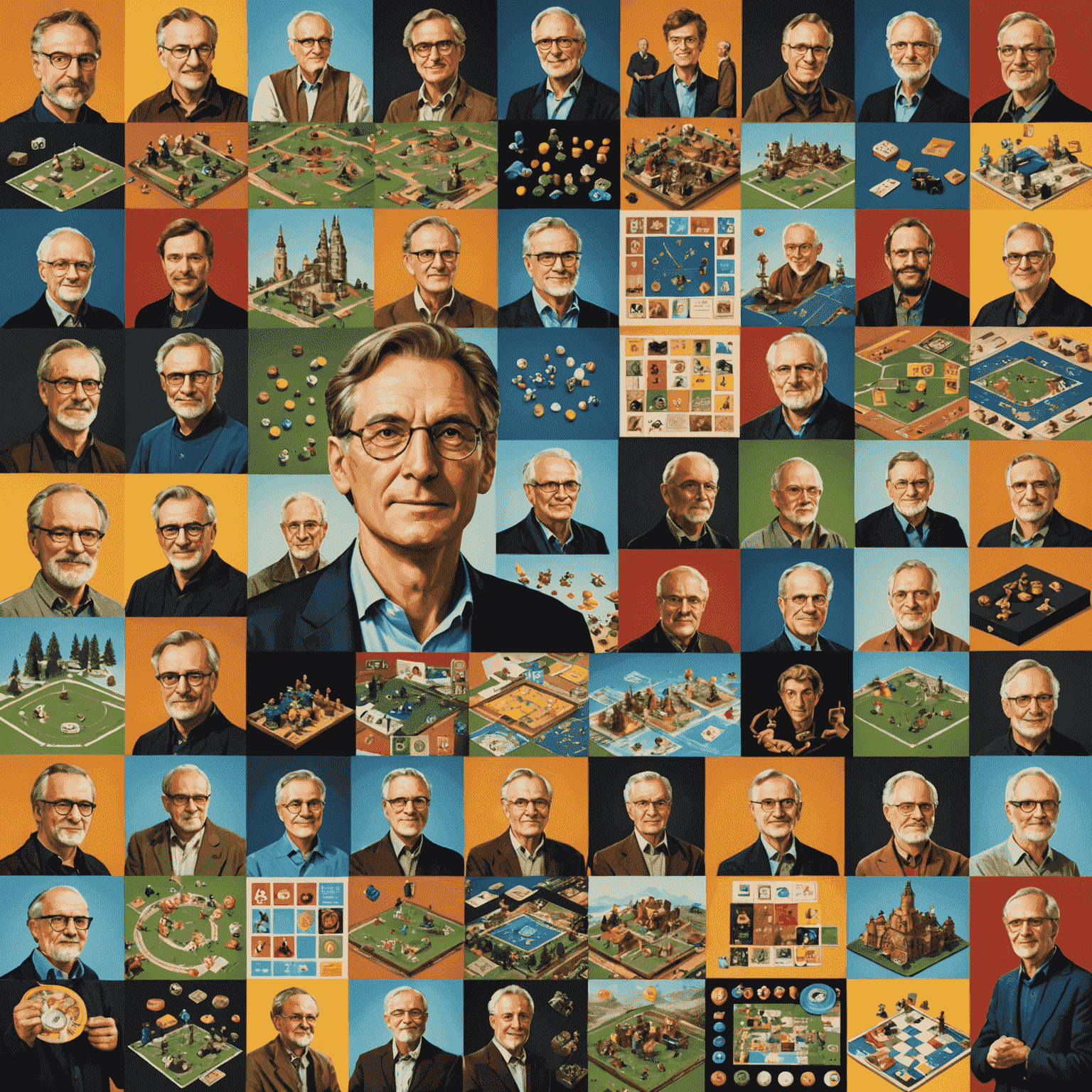 A collage of portraits of famous German board game designers, alongside images of their most popular game creations. The image includes designers like Klaus Teuber (Catan) and Reiner Knizia, showcasing the impact of German game design on the industry.
