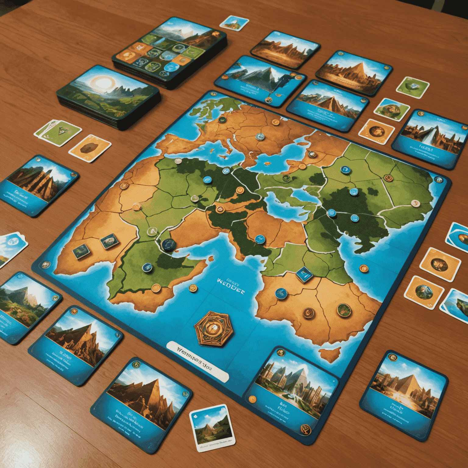 7 Wonders game setup with wonder boards, resource cards, and player tableaus