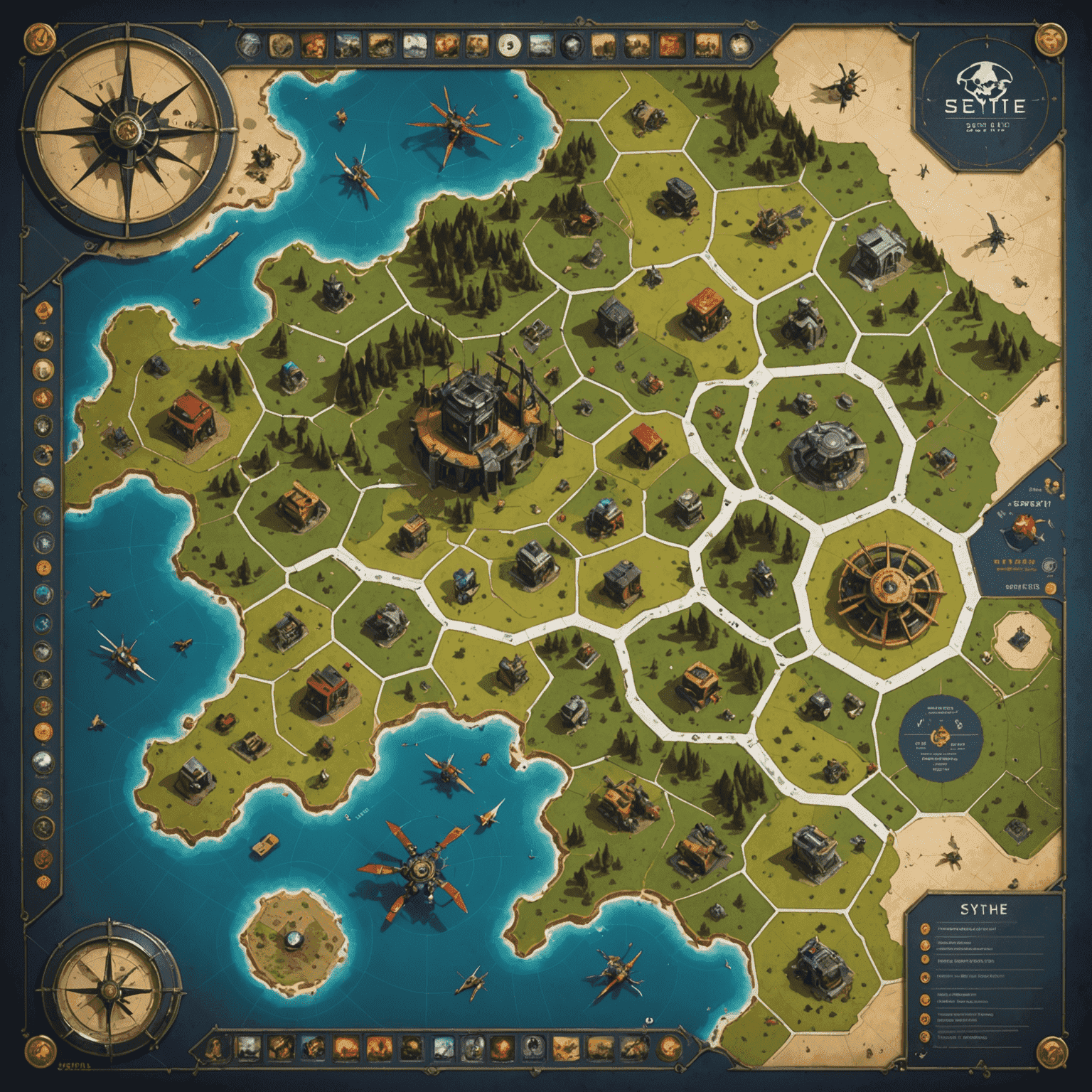 Scythe game board featuring a detailed map with mechs, workers, and resources spread across different territories