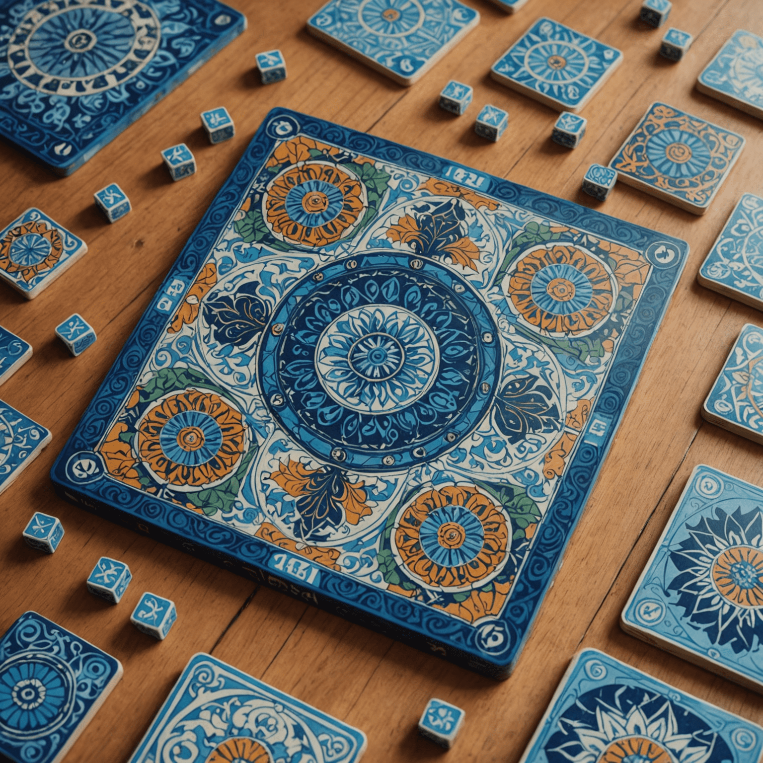 Azul game components including colorful tiles, player boards with partially completed patterns, and the central market area