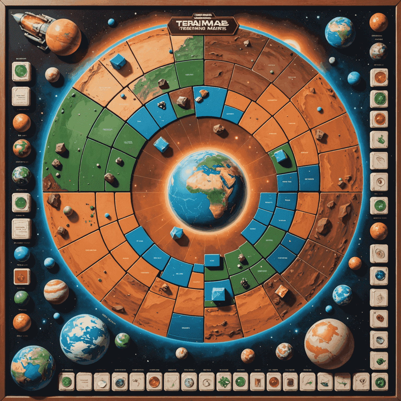Terraforming Mars game board showing the planet's surface with player cubes, tiles, and resource trackers