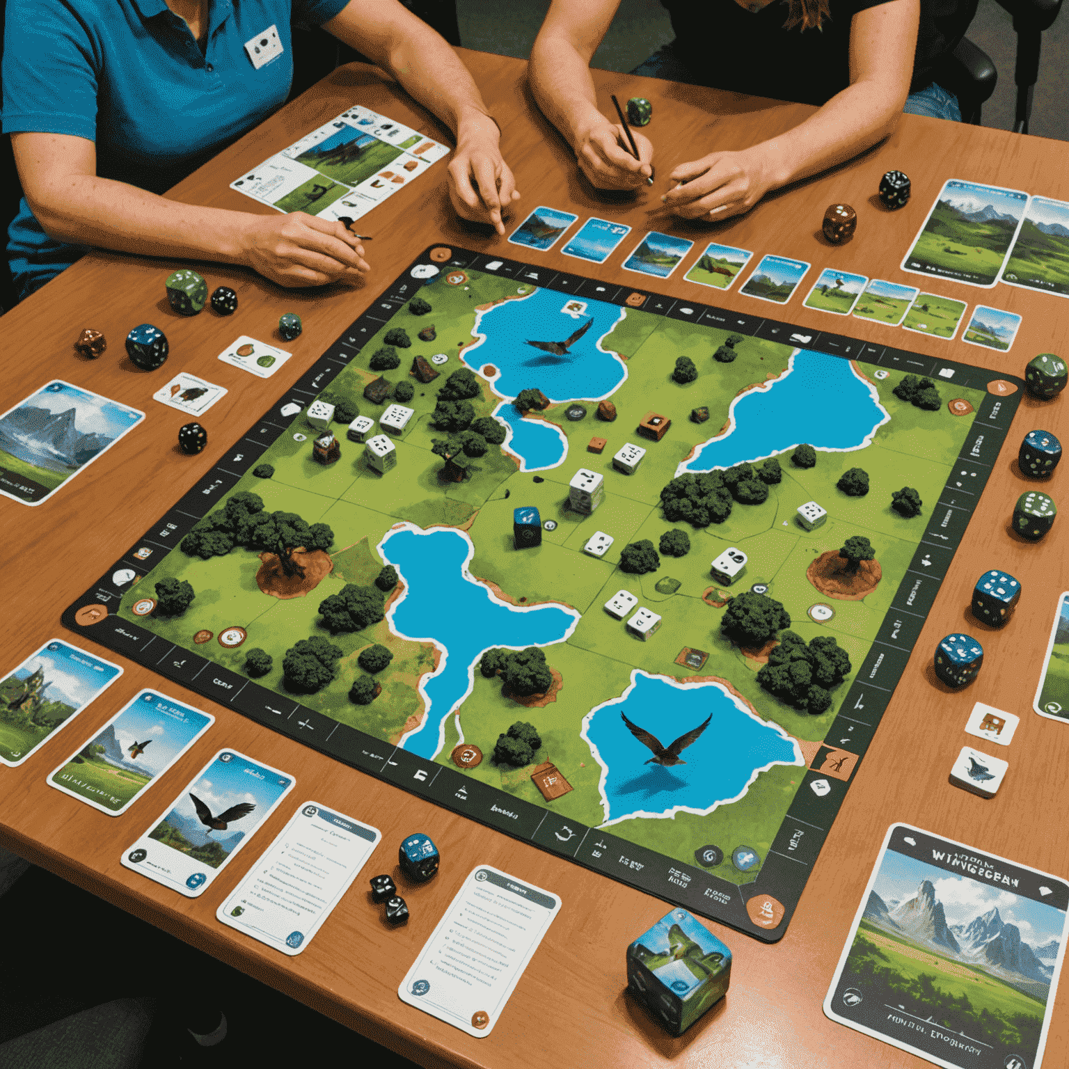Wingspan game in progress with bird cards laid out, dice tower, and player mats showing different habitats
