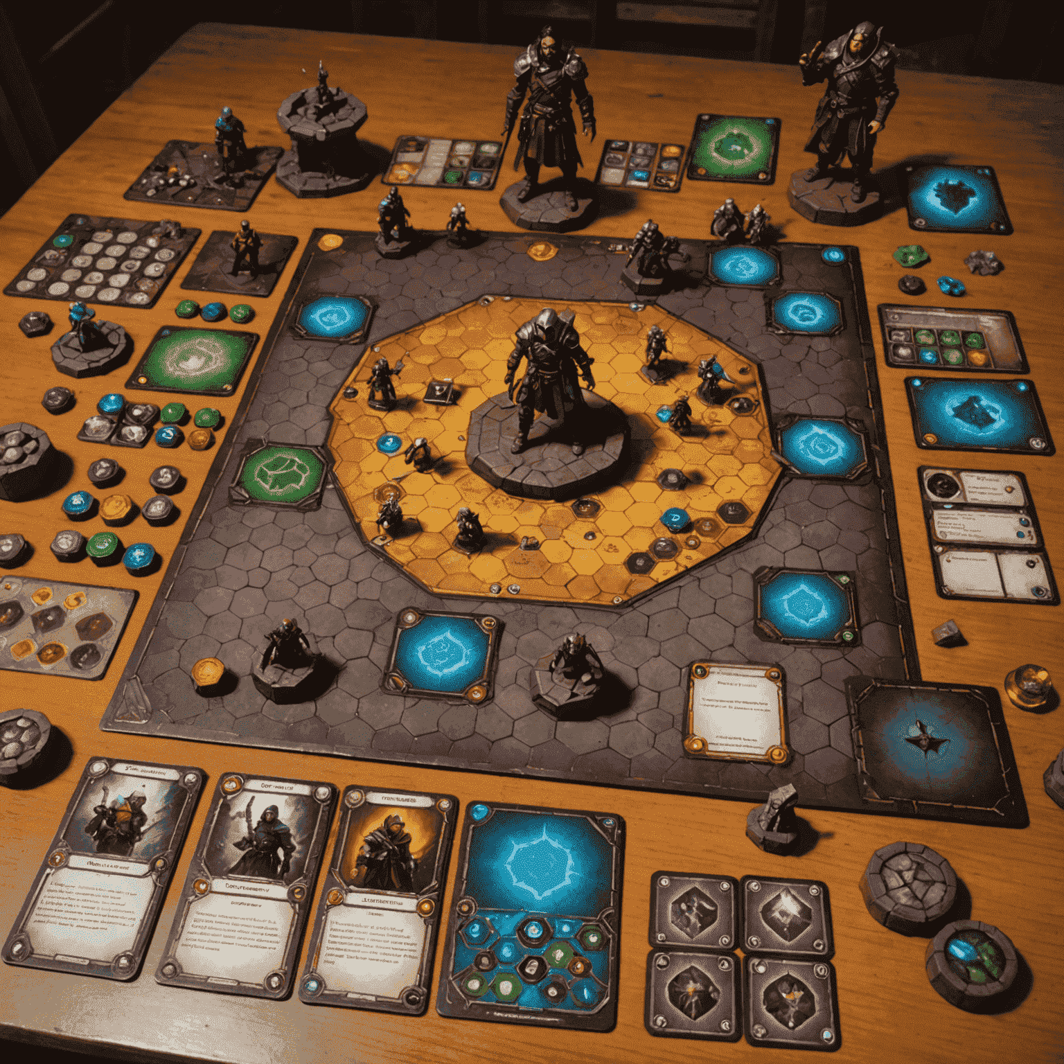 Gloomhaven game setup with a dungeon scenario laid out, character miniatures, and various cards and tokens